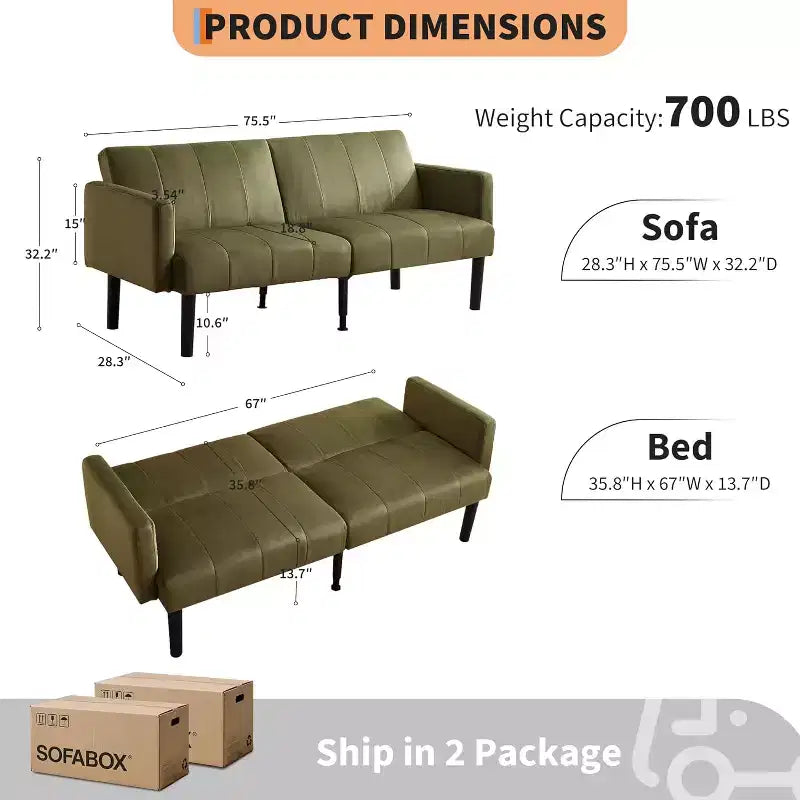 Divano letto regolabile 75,5 cm con reclinazione in 3 posizioni e design rialzato da terra per piccoli spazi (grigio/verde)
