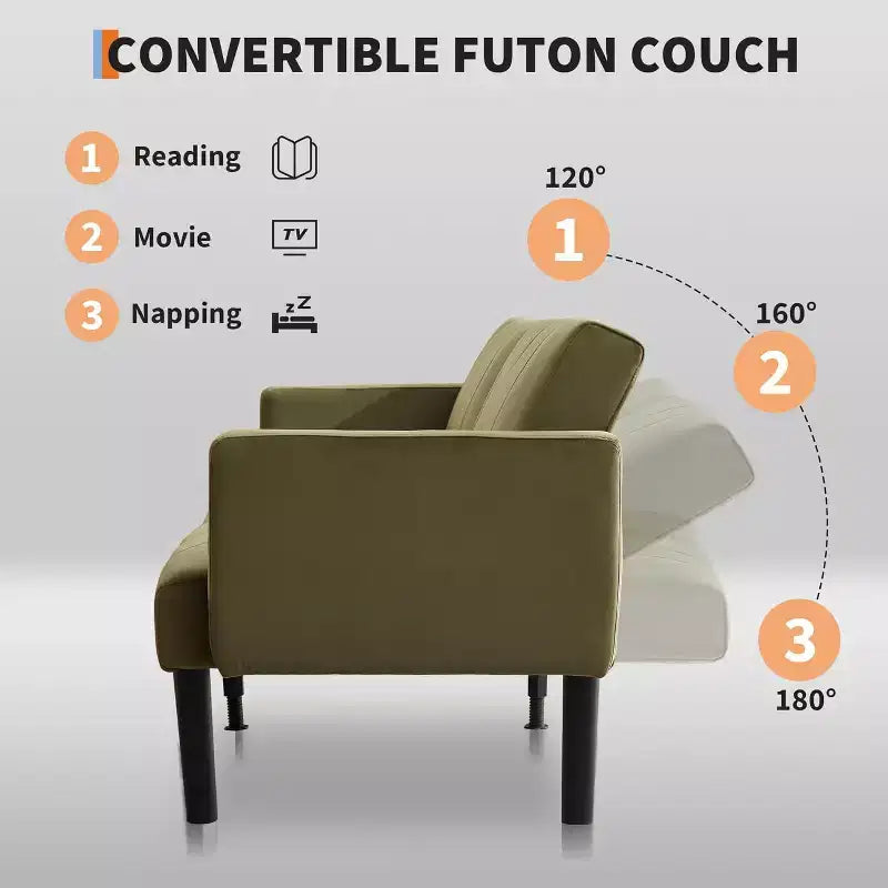 Divano letto regolabile 75,5 cm con reclinazione in 3 posizioni e design rialzato da terra per piccoli spazi (grigio/verde)