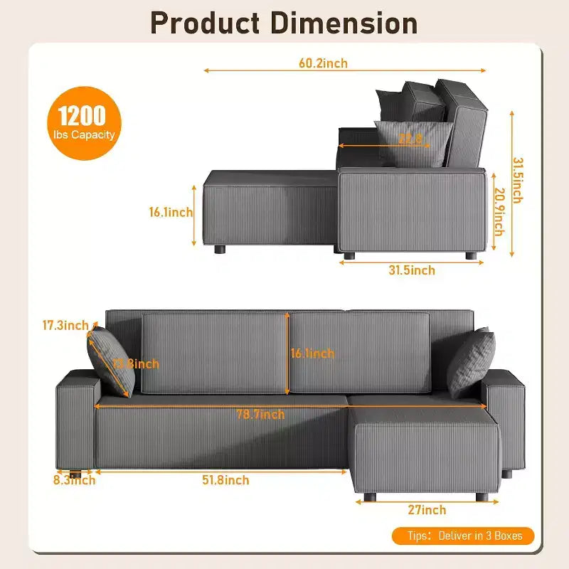 Divano sezionale in velluto a coste a righe da 96 pollici, divano sezionale oversize moderno a forma di L, per soggiorno, appartamento, monolocale