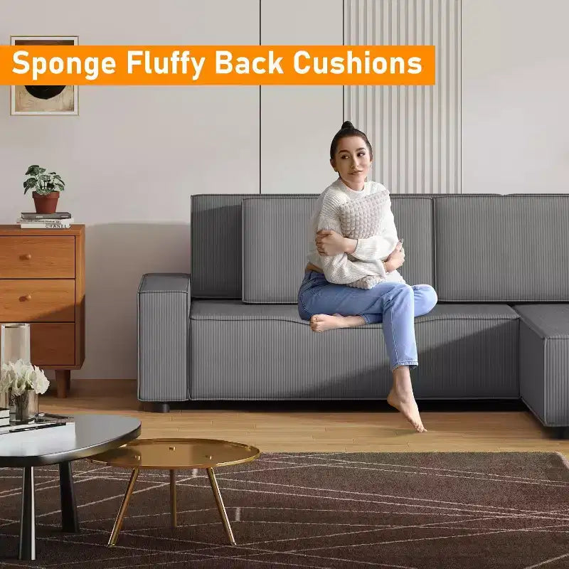 Divano sezionale in velluto a coste a righe da 96 pollici, divano sezionale oversize moderno a forma di L, per soggiorno, appartamento, monolocale