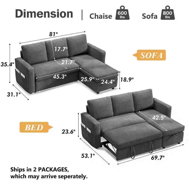 Divano Letto Estraibile 2 in 1 con Chaise Longue Reversibile con Contenitore per Soggiorno 81" Divano a Sezione a L con Tasche Laterali