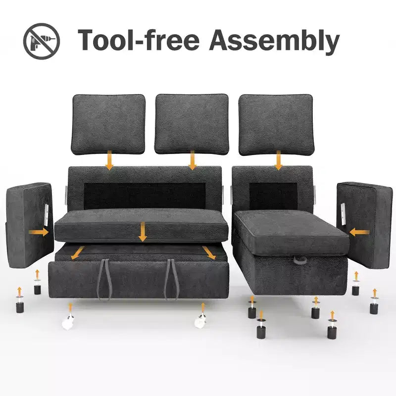 Divano Letto Estraibile 2 in 1 con Chaise Longue Reversibile con Contenitore per Soggiorno 81" Divano a Sezione a L con Tasche Laterali
