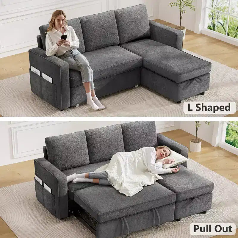 Divano Letto Estraibile 2 in 1 con Chaise Longue Reversibile con Contenitore per Soggiorno 81" Divano a Sezione a L con Tasche Laterali