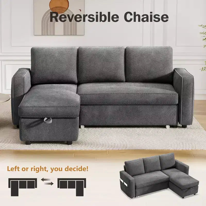 Divano Letto Estraibile 2 in 1 con Chaise Longue Reversibile con Contenitore per Soggiorno 81" Divano a Sezione a L con Tasche Laterali