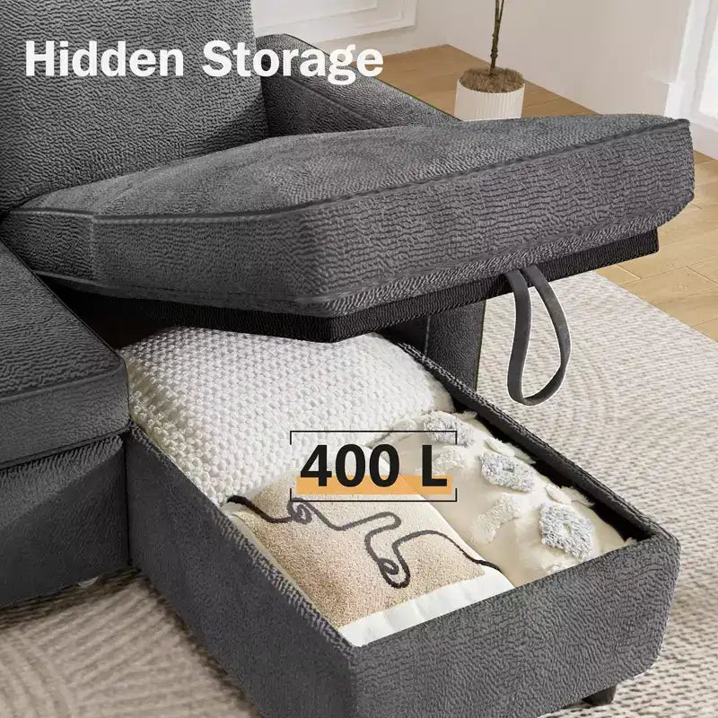 Divano Letto Estraibile 2 in 1 con Chaise Longue Reversibile con Contenitore per Soggiorno 81" Divano a Sezione a L con Tasche Laterali