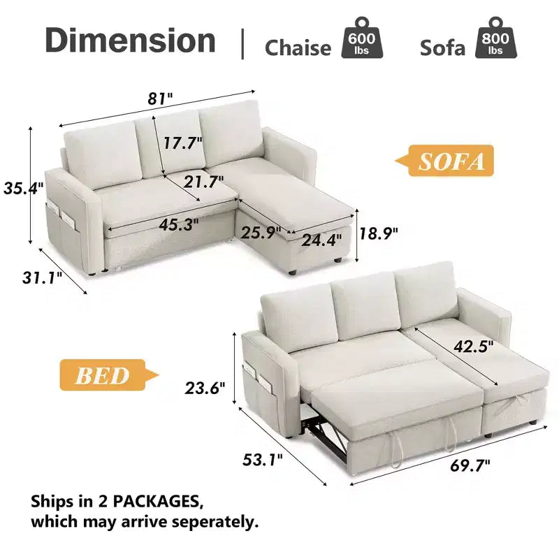 Divano Letto Estraibile 2 in 1 con Chaise Longue Reversibile con Contenitore per Soggiorno 81" Divano a Sezione a L con Tasche Laterali