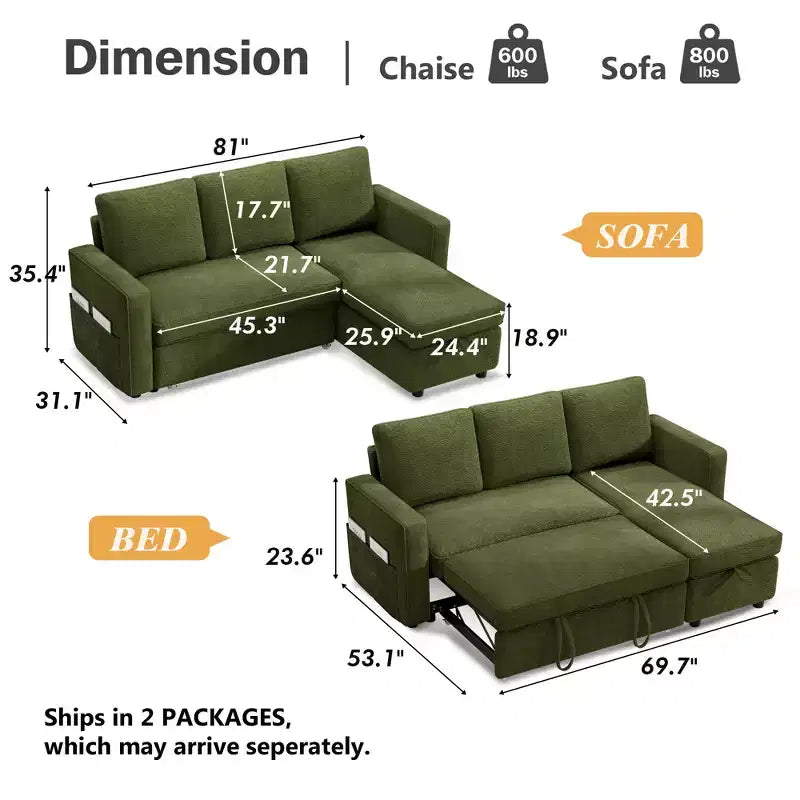 Divano Letto Estraibile 2 in 1 con Chaise Longue Reversibile con Contenitore per Soggiorno 81" Divano a Sezione a L con Tasche Laterali