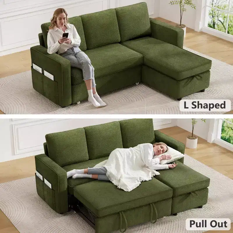 Divano Letto Estraibile 2 in 1 con Chaise Longue Reversibile con Contenitore per Soggiorno 81" Divano a Sezione a L con Tasche Laterali