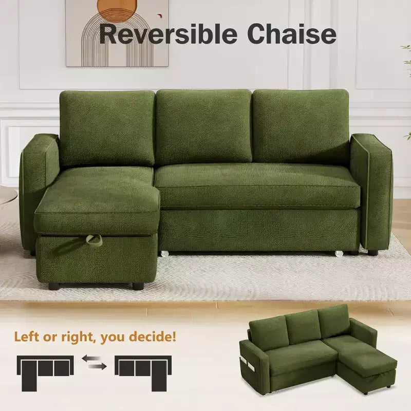 Divano Letto Estraibile 2 in 1 con Chaise Longue Reversibile con Contenitore per Soggiorno 81" Divano a Sezione a L con Tasche Laterali