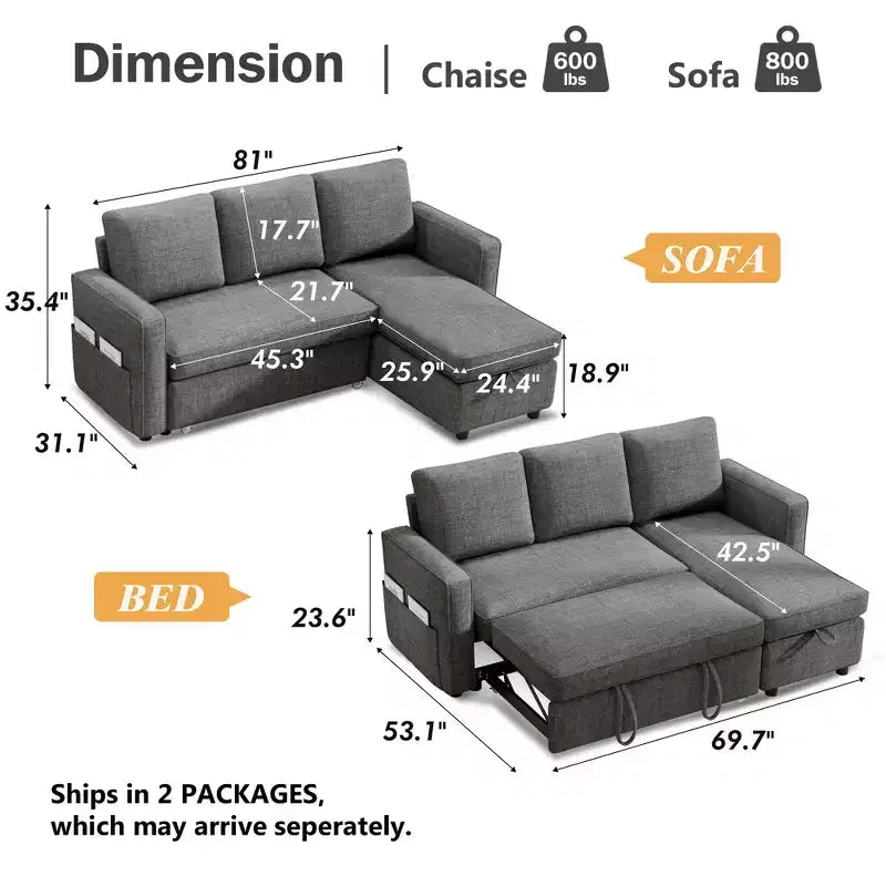 Divano Letto Estraibile 2 in 1 con Chaise Longue Reversibile con Contenitore per Soggiorno 81" Divano a Sezione a L con Tasche Laterali