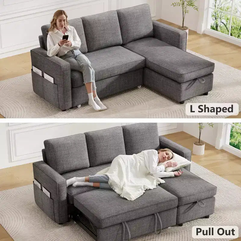 Divano Letto Estraibile 2 in 1 con Chaise Longue Reversibile con Contenitore per Soggiorno 81" Divano a Sezione a L con Tasche Laterali