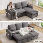 2 in 1 Pull Out Couch with Reversible Storage Chaise for Room 81Sectional L-Shaped Couch Sofa Sleeper with Side Pockets
