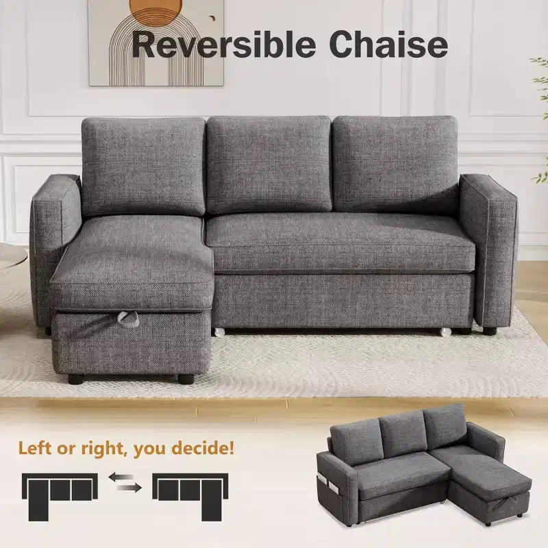 Divano Letto Estraibile 2 in 1 con Chaise Longue Reversibile con Contenitore per Soggiorno 81" Divano a Sezione a L con Tasche Laterali