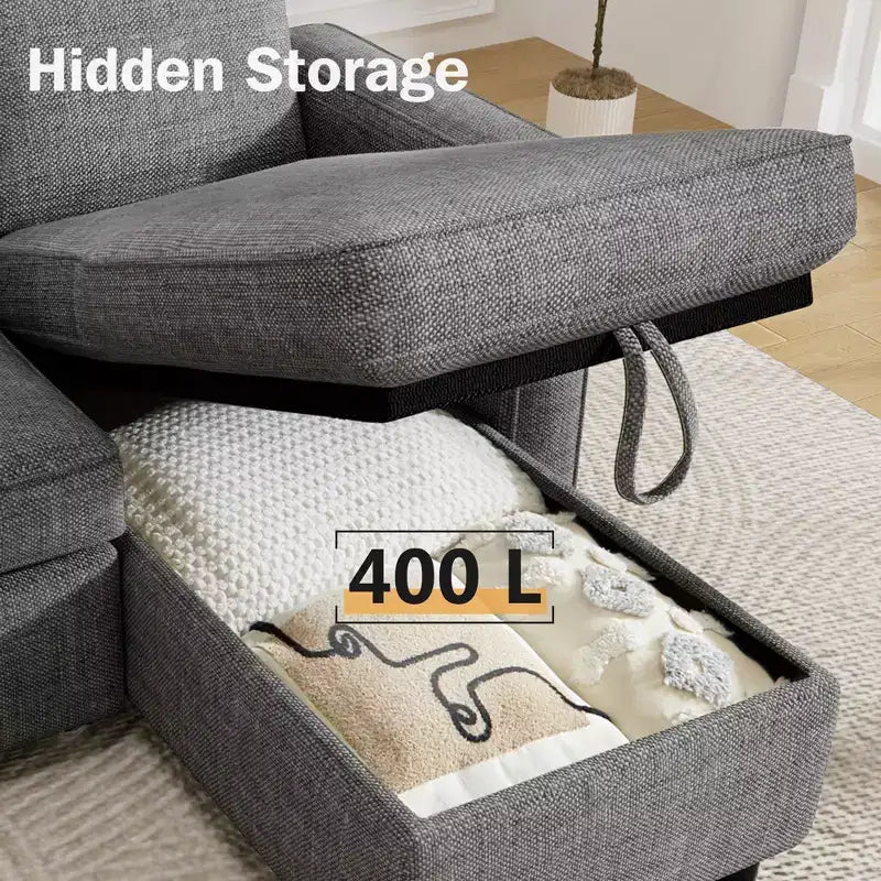 Divano Letto Estraibile 2 in 1 con Chaise Longue Reversibile con Contenitore per Soggiorno 81" Divano a Sezione a L con Tasche Laterali