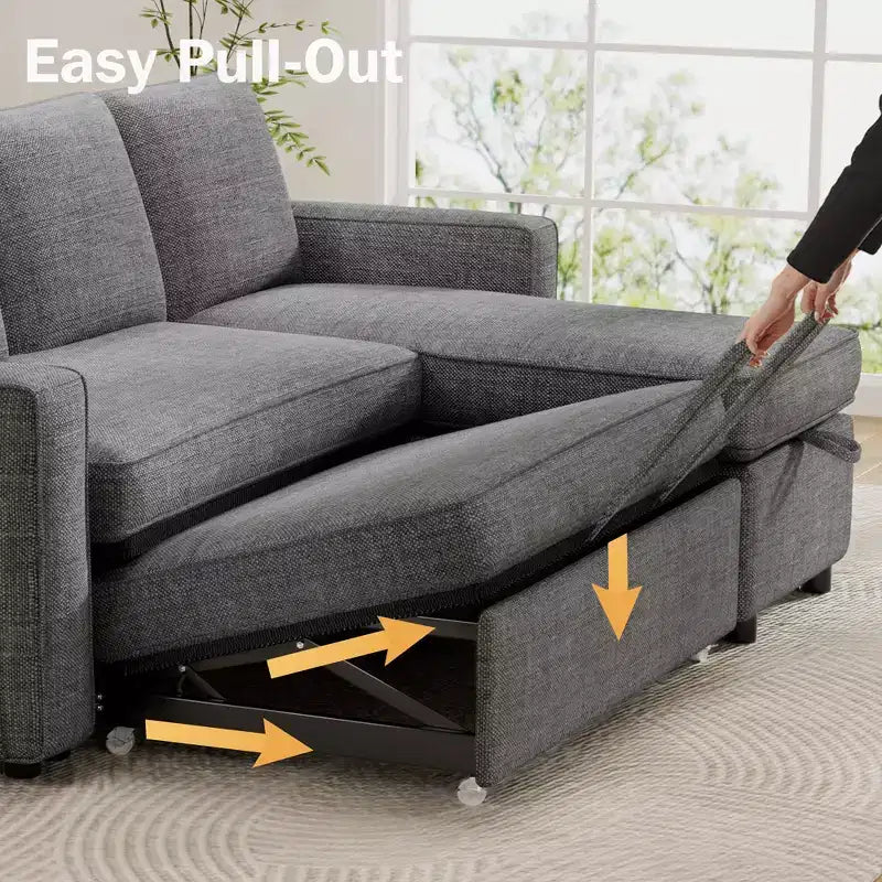 Divano Letto Estraibile 2 in 1 con Chaise Longue Reversibile con Contenitore per Soggiorno 81" Divano a Sezione a L con Tasche Laterali