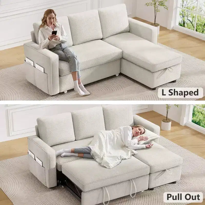 Divano Letto Estraibile 2 in 1 con Chaise Longue Reversibile con Contenitore per Soggiorno 81" Divano a Sezione a L con Tasche Laterali
