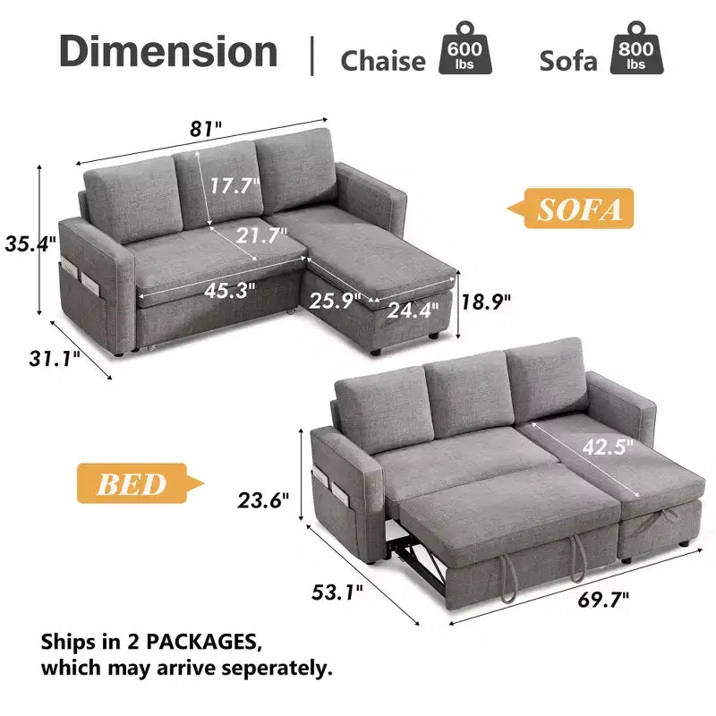 Divano Letto Estraibile 2 in 1 con Chaise Longue Reversibile con Contenitore per Soggiorno 81" Divano a Sezione a L con Tasche Laterali