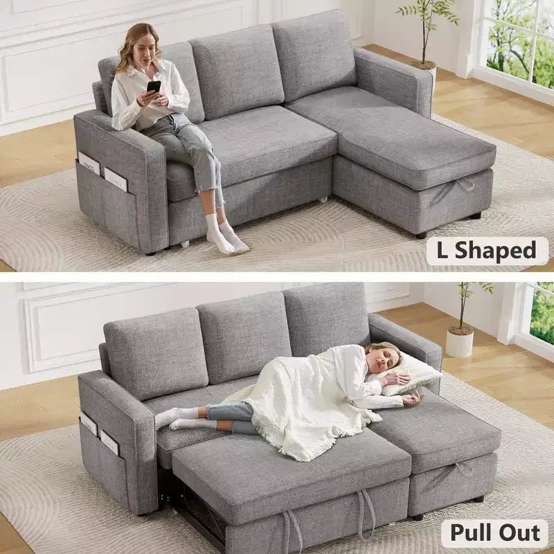 Divano Letto Estraibile 2 in 1 con Chaise Longue Reversibile con Contenitore per Soggiorno 81" Divano a Sezione a L con Tasche Laterali