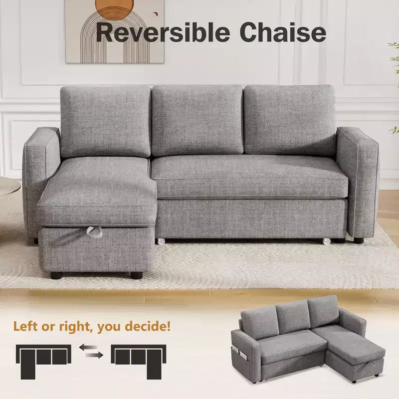 Divano Letto Estraibile 2 in 1 con Chaise Longue Reversibile con Contenitore per Soggiorno 81" Divano a Sezione a L con Tasche Laterali