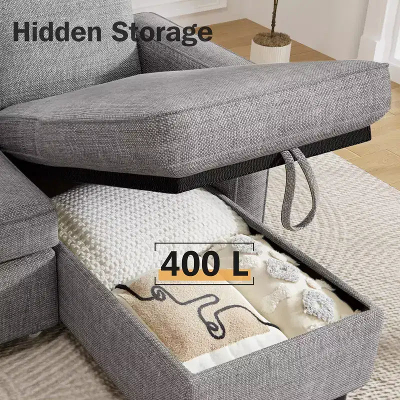 Divano Letto Estraibile 2 in 1 con Chaise Longue Reversibile con Contenitore per Soggiorno 81" Divano a Sezione a L con Tasche Laterali