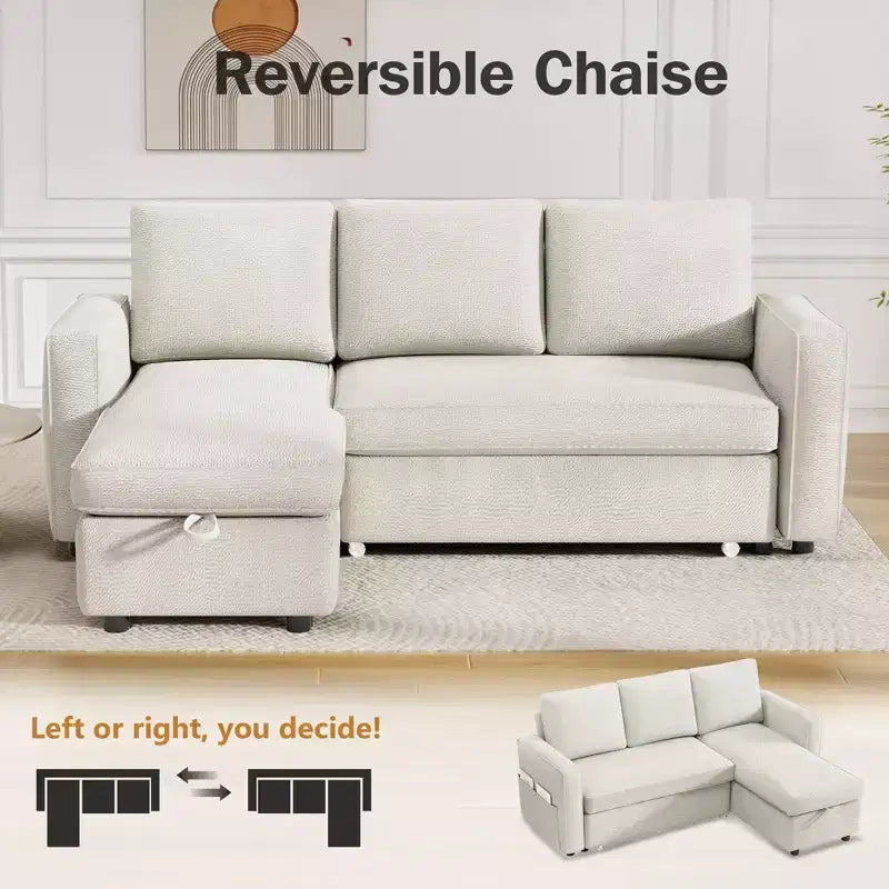 Divano Letto Estraibile 2 in 1 con Chaise Longue Reversibile con Contenitore per Soggiorno 81" Divano a Sezione a L con Tasche Laterali