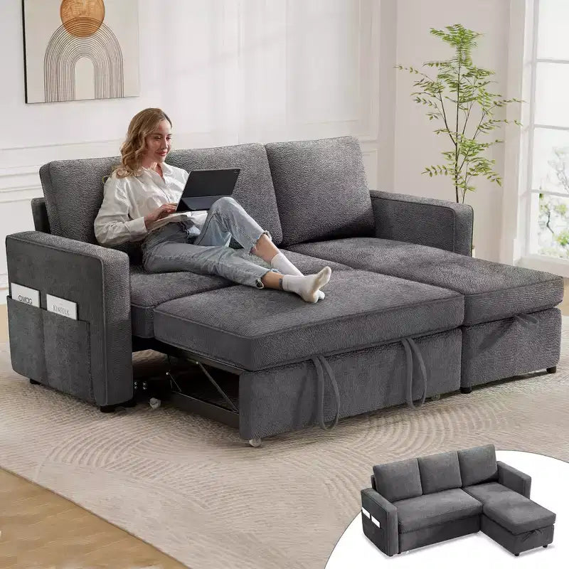 Divano Letto Estraibile 2 in 1 con Chaise Longue Reversibile con Contenitore per Soggiorno 81" Divano a Sezione a L con Tasche Laterali