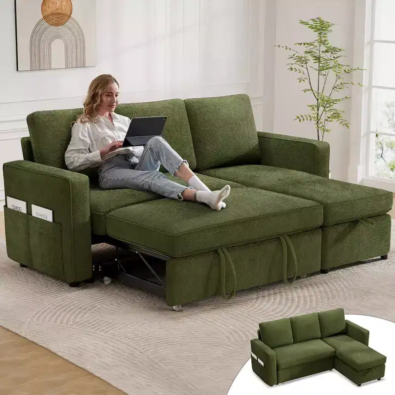 Divano Letto Estraibile 2 in 1 con Chaise Longue Reversibile con Contenitore per Soggiorno 81" Divano a Sezione a L con Tasche Laterali