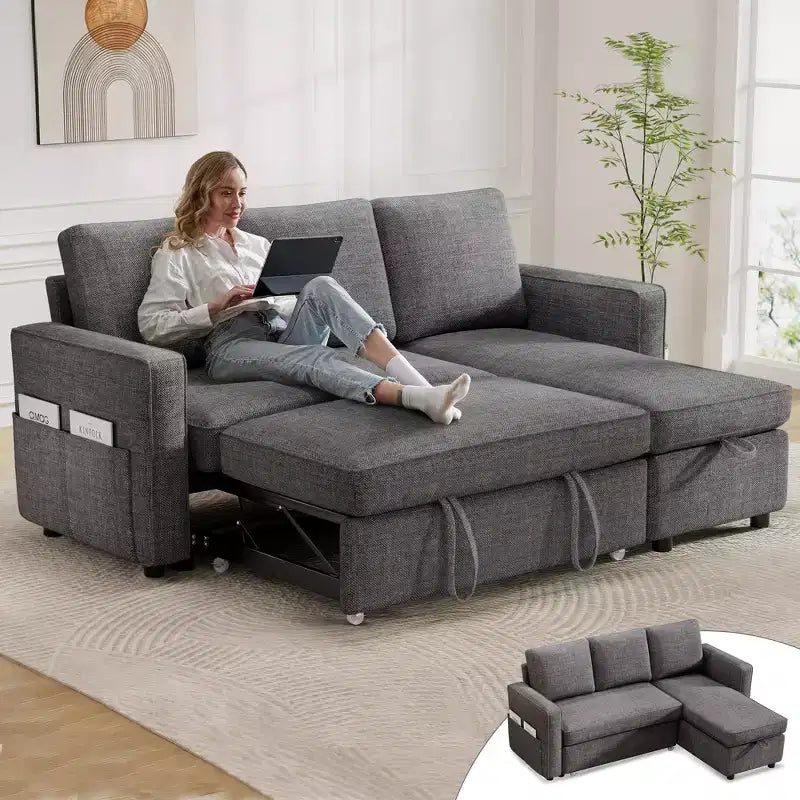 Divano Letto Estraibile 2 in 1 con Chaise Longue Reversibile con Contenitore per Soggiorno 81" Divano a Sezione a L con Tasche Laterali
