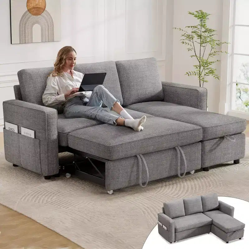 Divano Letto Estraibile 2 in 1 con Chaise Longue Reversibile con Contenitore per Soggiorno 81" Divano a Sezione a L con Tasche Laterali