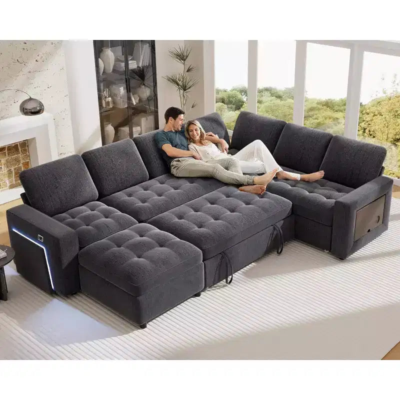 Divano a U 7 posti, Divano letto modulare, con letto estraibile, schienale reclinabile, mobile contenitore, montaggio senza attrezzi, velluto neve