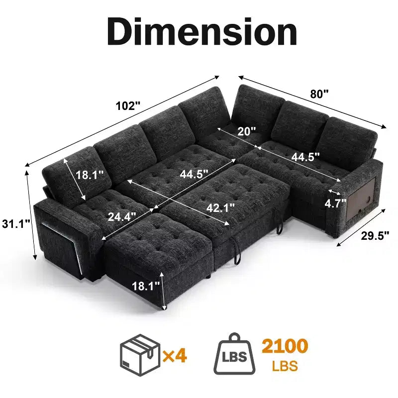 Divano a U 7 posti, Divano letto modulare, con letto estraibile, schienale reclinabile, mobile contenitore, montaggio senza attrezzi, velluto neve