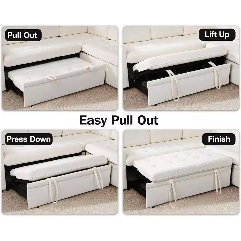Divano a U 7 posti, Divano letto modulare, con letto estraibile, schienale reclinabile, mobile contenitore, montaggio senza attrezzi, velluto neve