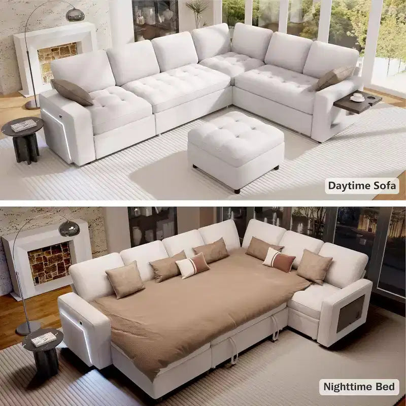 Divano a U 7 posti, Divano letto modulare, con letto estraibile, schienale reclinabile, mobile contenitore, montaggio senza attrezzi, velluto neve