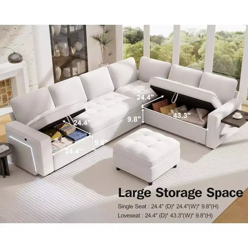 Divano a U 7 posti, Divano letto modulare, con letto estraibile, schienale reclinabile, mobile contenitore, montaggio senza attrezzi, velluto neve