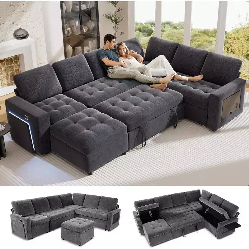 Divano a U 7 posti, Divano letto modulare, con letto estraibile, schienale reclinabile, mobile contenitore, montaggio senza attrezzi, velluto neve