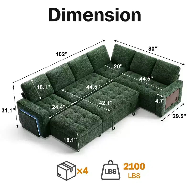 Divano a U 7 posti, Divano letto modulare, con letto estraibile, schienale reclinabile, mobile contenitore, montaggio senza attrezzi, velluto neve