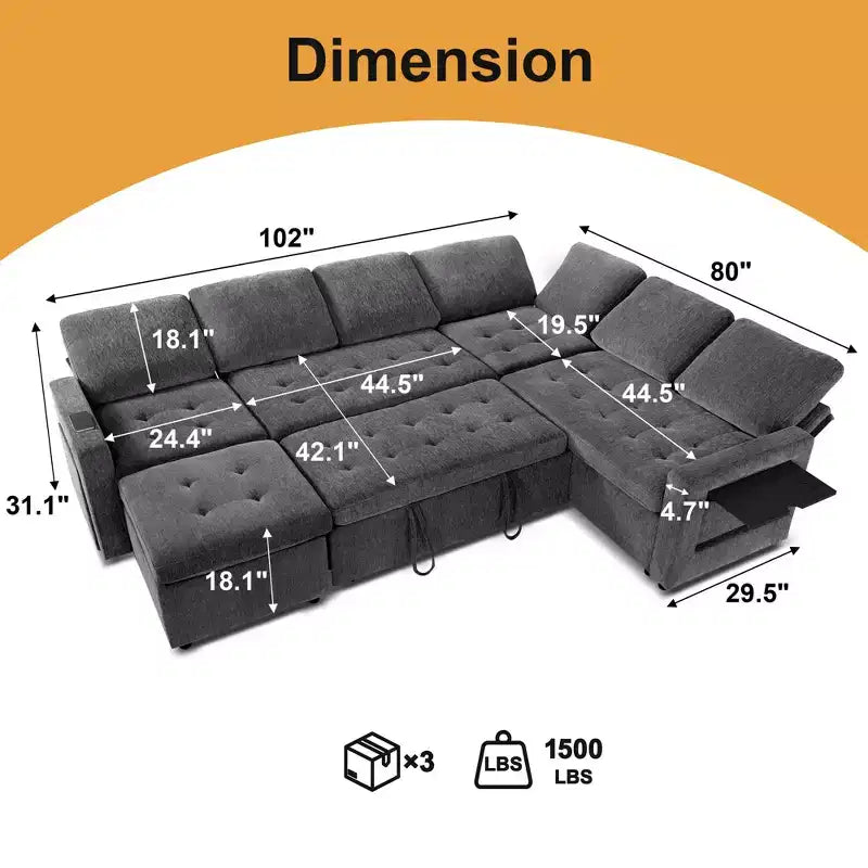 Divano a U 7 posti, Divano letto modulare, con letto estraibile, schienale reclinabile, mobile contenitore, montaggio senza attrezzi, velluto neve
