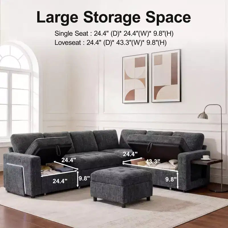 Divano a U 7 posti, Divano letto modulare, con letto estraibile, schienale reclinabile, mobile contenitore, montaggio senza attrezzi, velluto neve