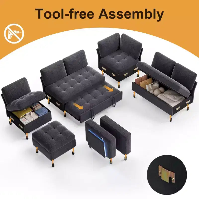 Divano a U 7 posti, Divano letto modulare, con letto estraibile, schienale reclinabile, mobile contenitore, montaggio senza attrezzi, velluto neve