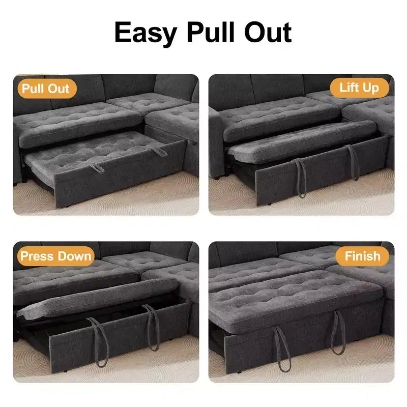 Divano a U 7 posti, Divano letto modulare, con letto estraibile, schienale reclinabile, mobile contenitore, montaggio senza attrezzi, velluto neve