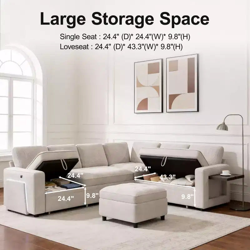 Divano a U 7 posti, Divano letto modulare, con letto estraibile, schienale reclinabile, mobile contenitore, montaggio senza attrezzi, velluto neve