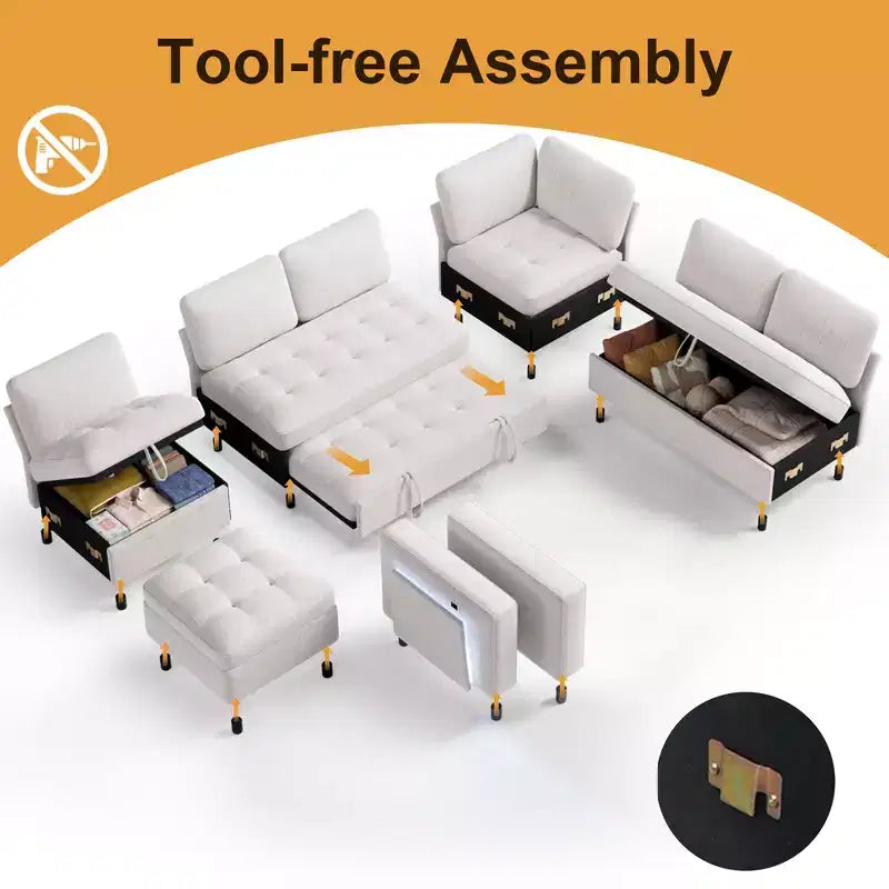 Divano a U 7 posti, Divano letto modulare, con letto estraibile, schienale reclinabile, mobile contenitore, montaggio senza attrezzi, velluto neve