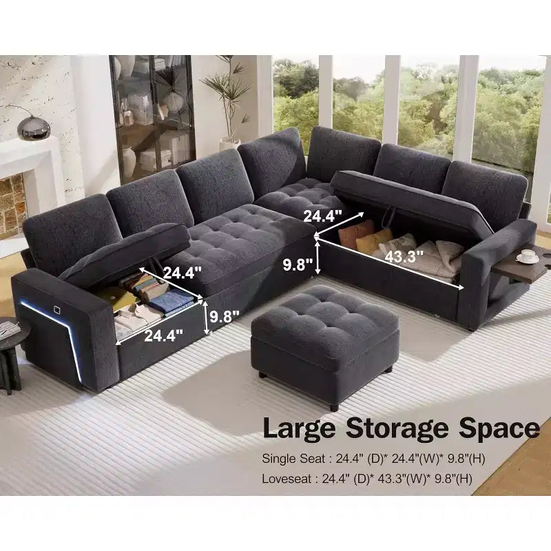 Divano a U 7 posti, Divano letto modulare, con letto estraibile, schienale reclinabile, mobile contenitore, montaggio senza attrezzi, velluto neve