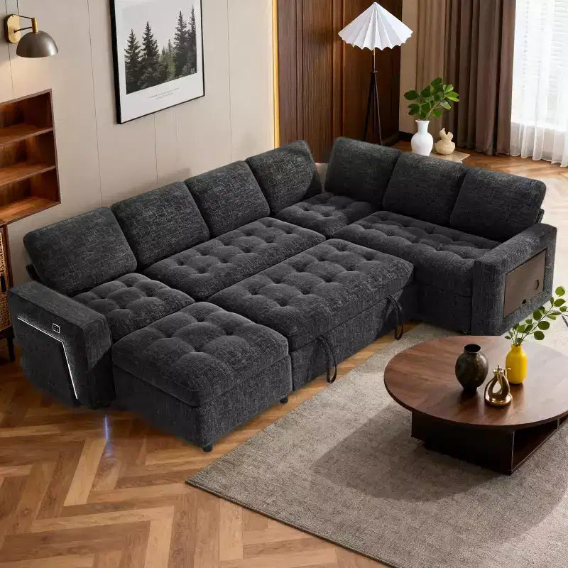 Divano a U 7 posti, Divano letto modulare, con letto estraibile, schienale reclinabile, mobile contenitore, montaggio senza attrezzi, velluto neve
