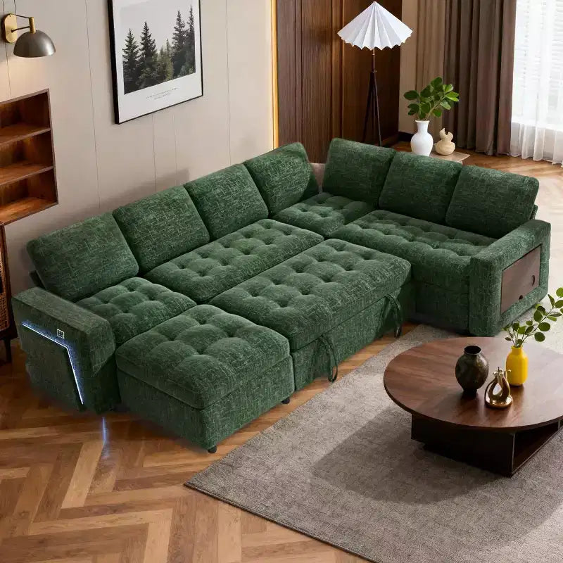 Divano a U 7 posti, Divano letto modulare, con letto estraibile, schienale reclinabile, mobile contenitore, montaggio senza attrezzi, velluto neve