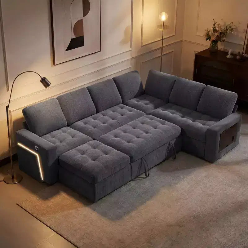 Divano a U 7 posti, Divano letto modulare, con letto estraibile, schienale reclinabile, mobile contenitore, montaggio senza attrezzi, velluto neve