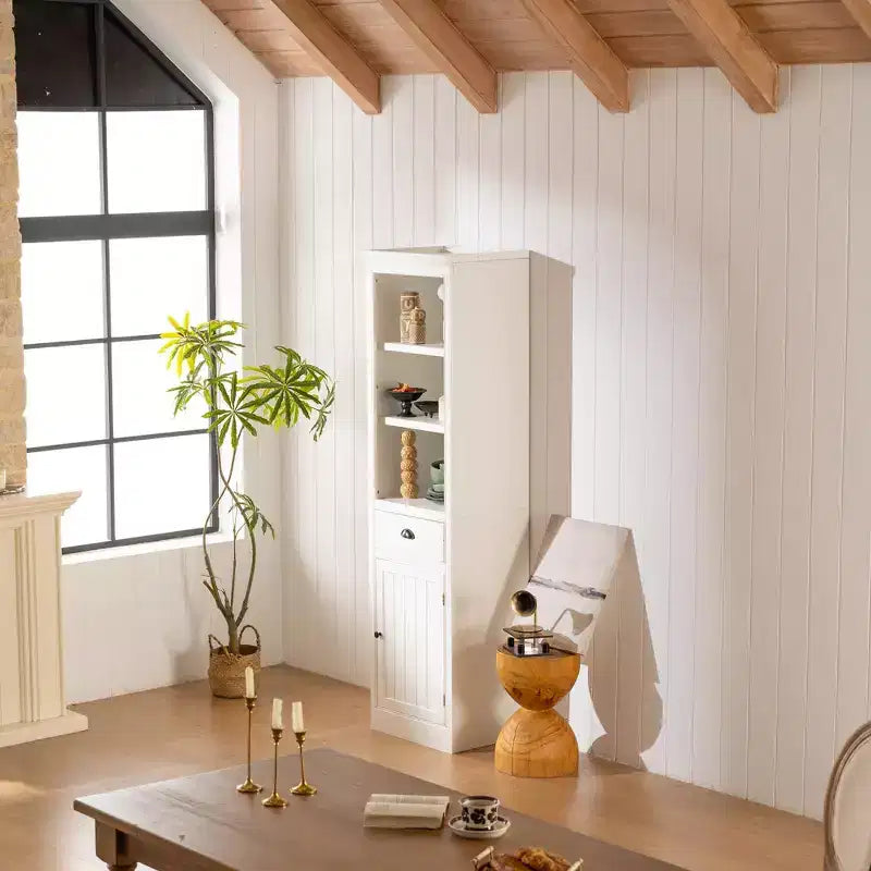 Mobile espositore indipendente con 1 cassetto, mobiletto contenitore in stile rustico, organizer in legno, dispensa, libreria retrò, vetrinetta, bianco