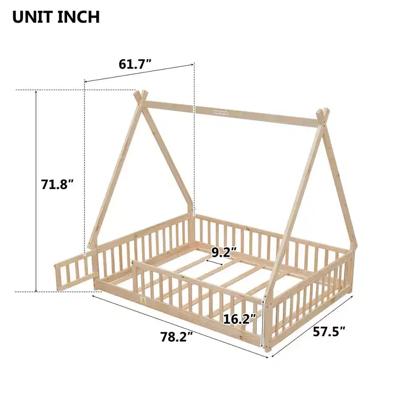 Letto a pavimento completo a forma di tenda con sponde, porta, beige