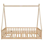 Cama de suelo matrimonial con forma de tienda, barandillas de seguridad, puerta, beige