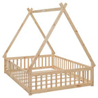 Cama de suelo matrimonial con forma de tienda, barandillas de seguridad, puerta, beige
